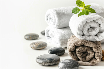 Spa still life with zen stones, bamboo and towels on light background