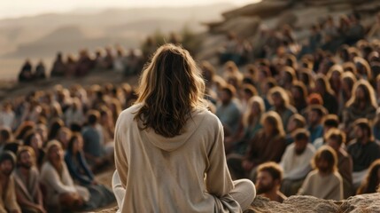 Jesus sat on a rock preaching to a large crowd on the mountain. The crowd looked at Jesus' face and listened intently to His teachings. From the back view of Jesus