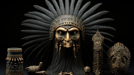Obraz premium A golden bust of a Native American warrior, wearing a traditional headdress with black feathers