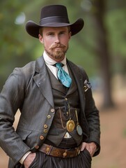Fototapeta premium A man with a mustache and beard wearing a suit and hat in the woods