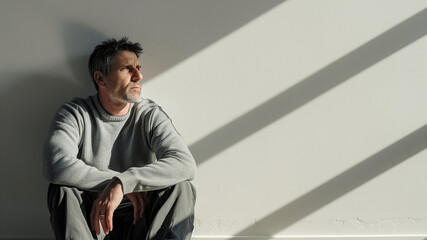 Obraz premium A man, dressed in gray, sits by a window in sunlight, lost in deep contemplation and thought, exuding calm and serenity in his solitary moment
