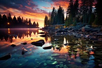 Fototapeta premium A scenic lake reflecting colorful clouds, trees, and the glow of the evening sky