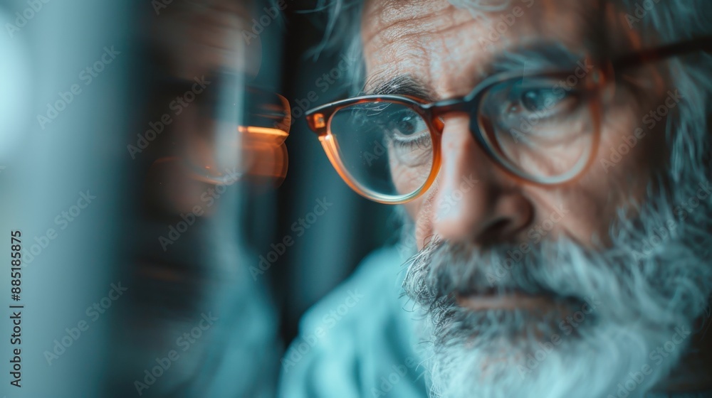 Poster an artistic image showing a reflection in glasses with a bokeh effect and creative depth, highlighti