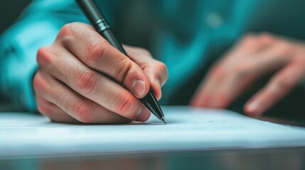 Close-up of a person holding a pen and writing on a piece of paper, capturing a moment of detailed and focused handwriting in a business or academic setting