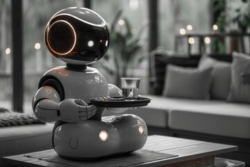 An elderly person assisted by a caregiving robot, which is offering a tray with medication and water in a cozy home environment.