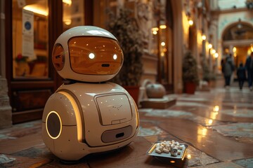 An elderly person assisted by a caregiving robot, which is offering a tray with medication and water in a cozy home environment.