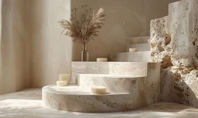 stone podiums for cosmetics display on pastel beige background empty step platforms presentation beauty products concept