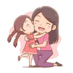 Vector illustration of cute little girl kissing mother's cheek. Happy Mother's Day.
