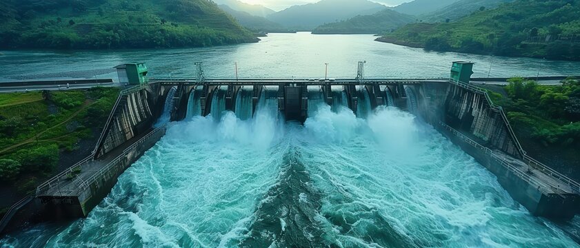 Water powerfully flows through the gates of a hydroelectric dam, set amidst a lush green landscape, showcasing renewable energy generation