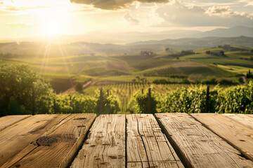  Empty wooden table top with a panoramic view of Tuscany vineyards at sunset, for product display montage.A panoramic view of the rolling hills and green grapevines in summer,with warm golden sunlight