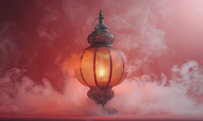 Naklejka premium ornamental wooden ramadan kareem lantern lamp on pink background,smoke muslim holy month ramadan kareem greeting card template banner