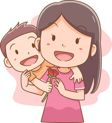 Cartoon illustration of cute little boy giving mother a rose flower. Happy Mother's Day.