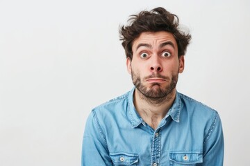 Fototapeta premium Worried man with blue shirt portrait adult photo.