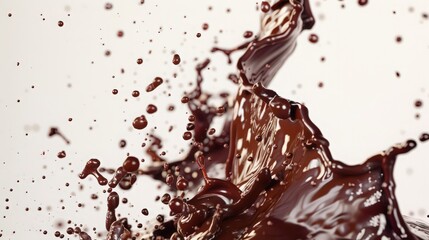 Abstract chocolate swirls and splashes on a pristine white background create a visually captivating design.