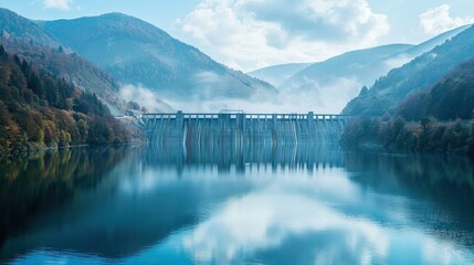 A serene lake behind a hydroelectric dam. AI generated illustration