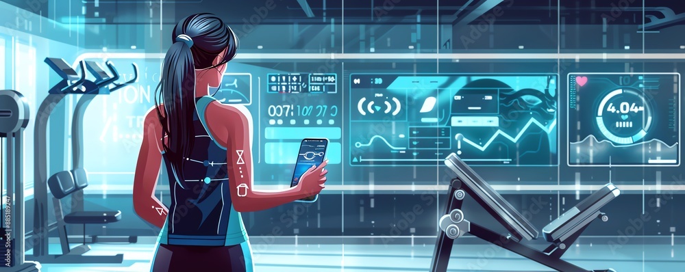 Aufkleber a fitness enthusiast using a voicecontrolled app to review predictive analytics from their smart clo