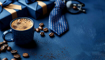 A gift set with coffee, glasses, and tie on a blue background Happy Fathers Day theme. copy space