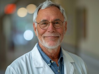 A portrait of an older male doctor with glasses and white hair wearing a white lab coat and a blue shirt, standing in a hospital hallway with blurred background lights