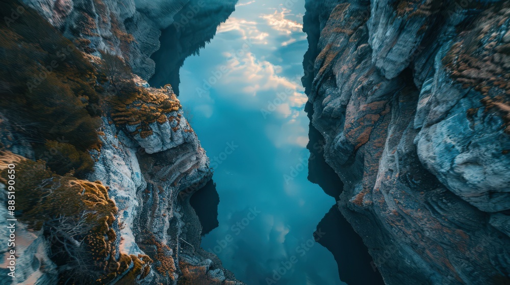 Poster capture an aerial panorama of a canyon with a river reflecting the sky, creating a mirror-like effec