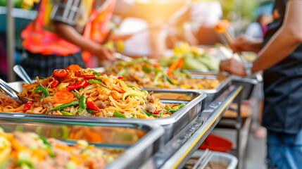 A buffet of food with a lot of different dishes
