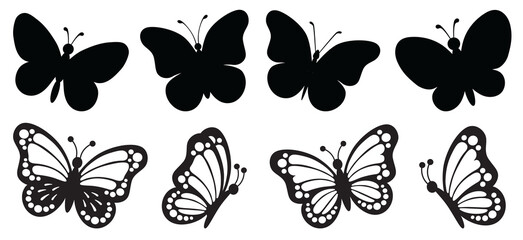 Butterfly collection. Black white illustration. Butterflies clipart set. Set of black silhouette butterflies. Baby shower design elements. Party invitation, birthday celebration. Spring, summer decor