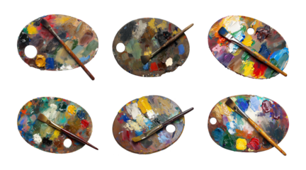 Collection of an artist's paint palette with a paintbrush isolated on a transparent background, top view, cut out, PNG