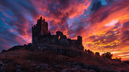 Fototapeta premium Sunset over an ancient stone castle on a hill