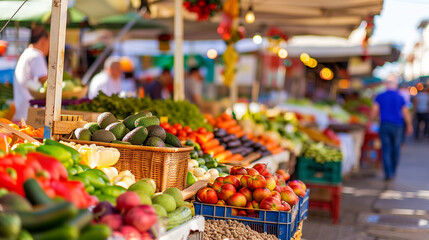 Obraz premium A market with a variety of fruits and vegetables for sale