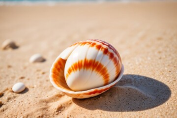 Obraz premium Close-Up Macro Shot of a Vibrant Cowrie Shell on a Sandy Beach, Nature Photography Background Wallpaper. 