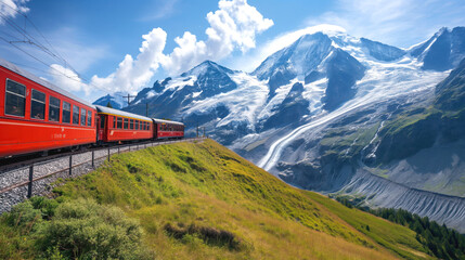 A red train traveling on railway tracks through a mountainous terrain with scenic views of snow-capped peaks and glacial formations under a clear blue sky.