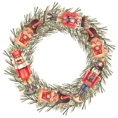 Christmas wreath. Spruce tree branches with nutcrackers retro toy Natural circle frame with traditional Xmas vintage decor. Festive card template Watercolor painted illustration on isolated background