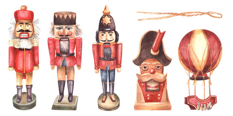 Watercolor vintage nutcracker, wooden soldier, hot air ballon, cord, tie. Tradition Christmas tree retro toys set Hand drawn illustration. Clipart for greeting, invitation card on isolated background.