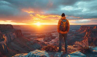 traveler,backpack in top of canyon at sunset landscape scenic view.