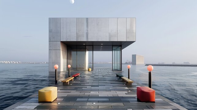 Architectural perspective of a modern waterfront promenade with uncomplicated design and colorful seating areas, offering scenic views. Illustration, Image, , Minimalism,