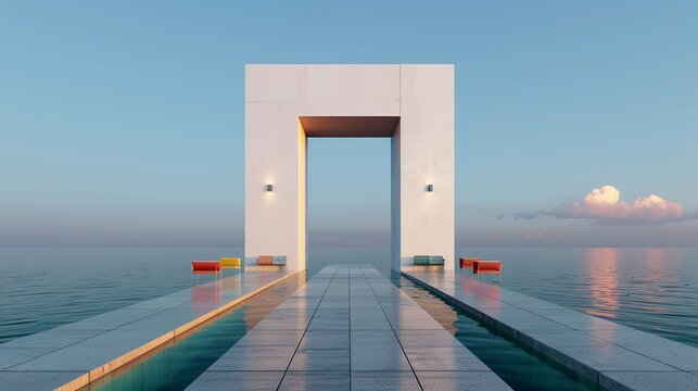 Architectural perspective of a modern waterfront promenade with uncomplicated design and colorful seating areas, offering scenic views. Illustration, Image, , Minimalism,