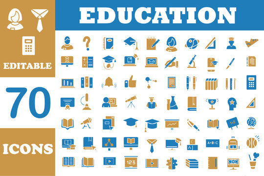 Education flat editable icons set. Education related icons : E-Learning, school, online education, university, success, academic icons and more signs