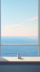 Fototapeta premium A coffee on the window sill with sea background windowsill cup mug.
