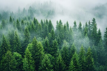 Obraz premium A breathtaking aerial view showcasing a misty evergreen forest with dense treetops immersed in fog, capturing the serene and tranquil essence of nature