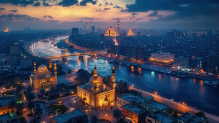 Obraz premium Capture the evening charm of Cairo from above, with illuminated landmarks, bustling streets, and the city's dynamic nightlife visible