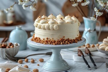 An elegant kitchen with marble countertops, showcasing a beautifully decorated cake on a cake stand with icing tools and decorations around it.