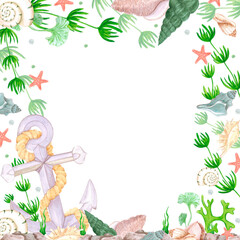Hand drawn watercolor anchor with seashells frame border isolated on white background. Marine illustration can be used for card, label, invitation and other printed products.