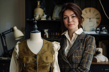 woman fashion designer stands with sewing mannequin