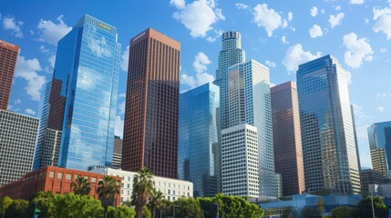Obraz premium Capture the Los Angeles skyline with an emphasis on the modern, sleek designs of its skyscrapers.