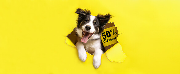 A happy black and white puppy looks through a hole in yellow paper and shows a sign that says "50% off." Banner, background with copy space for advertising, pet supply store sale, veterinary