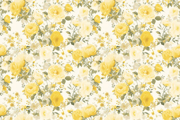 Soft yellow roses and green leaves create an elegant seamless pattern. The delicate and timeless design is perfect for classic and vintage-themed projects.