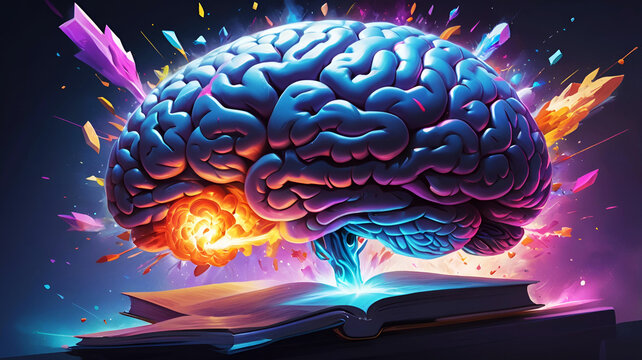 Abstract art of a human brain exploding with vibrant knowledge and creative energy