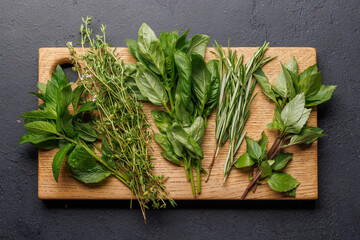 Various herbs and spices on the table