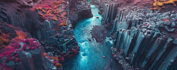 Aerial View of a River Flowing Through a Canyon of  Basalt Columns