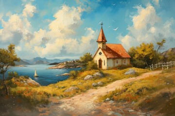 Small church on a hill shore landscape painting architecture. © Rawpixel.com