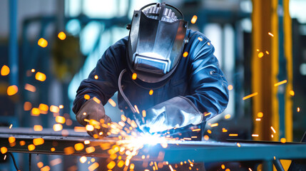 A welder in protective gear is welding metal, creating sparks in an industrial setting.